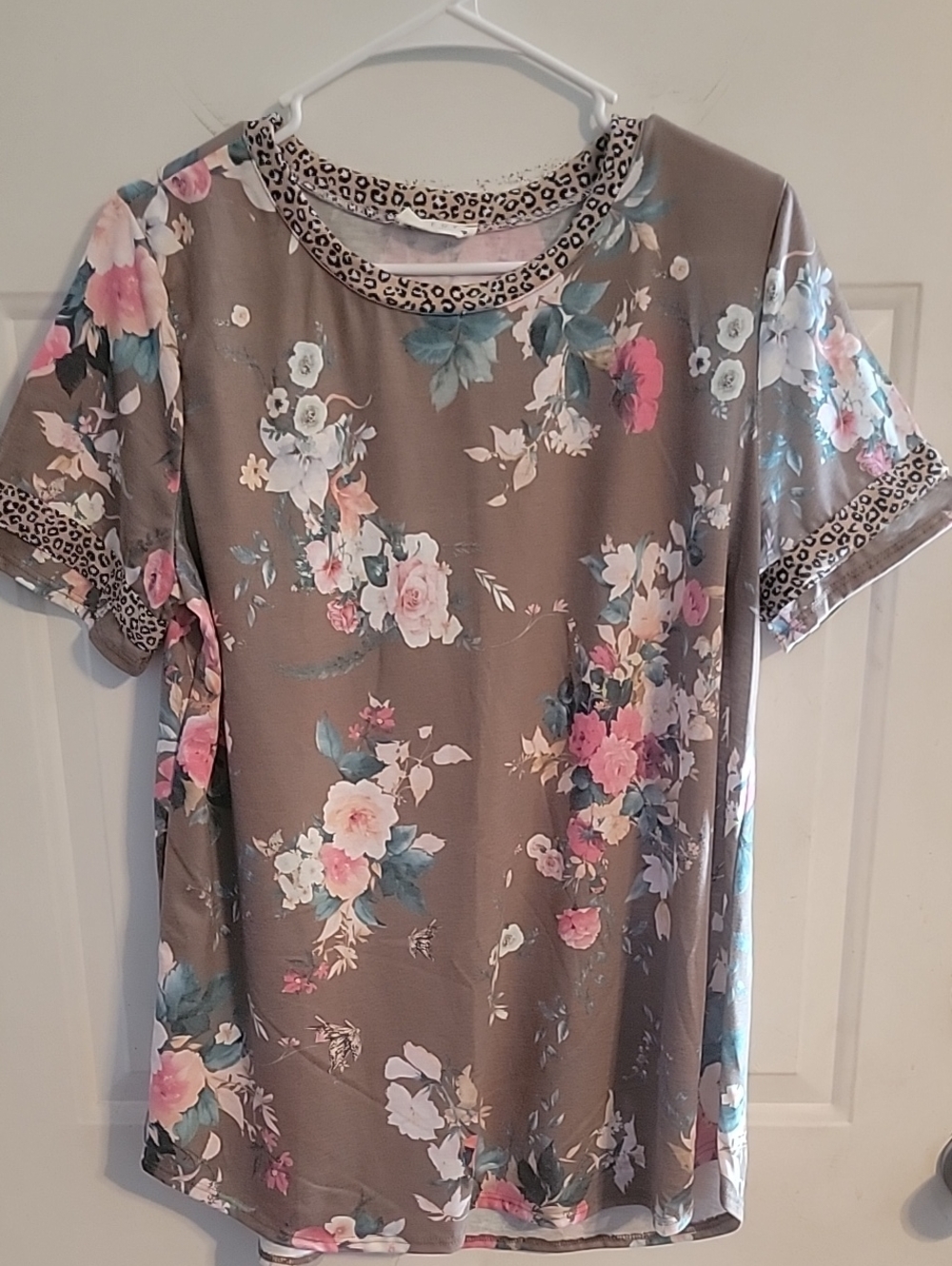 Avery Taupe Floral Short-Sleeve Tee with Pink & Teal Accents